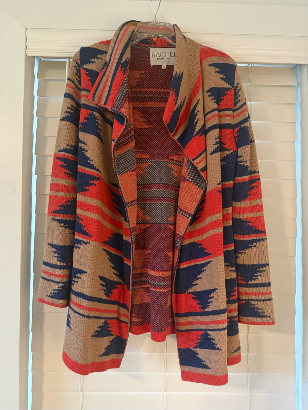 RACHEL Rachel Roy Red, Navy & Tan Aztec Open-Front Cardigan